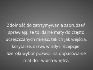 Zdolność do zatrzymywania zabrudzeń sprawiają, że to idalne maty do często uczęszczanych miejsc, takich jak wejścia, korytarze, drzwi, windy i recepcjie. Szeroki wybór pozwoli na dopasowanie mat do Twoich wnętrz.